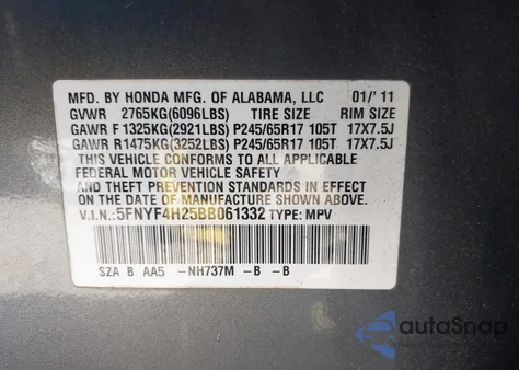 2011 Honda Pilot Lx из США, поврежденный, VIN 5FNYF4H25BB061332